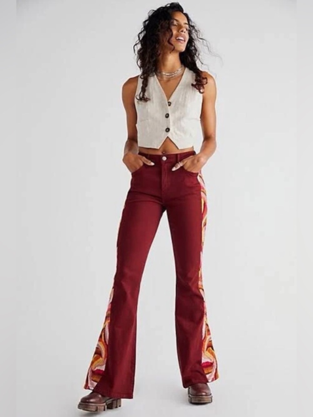 Driftwood x Free People Flare Embroidered Pants Burgundy Size 26